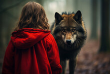 Back View Of Girl In Red Cloak With Blurry Wolk In Forest Background. Red Riding Hood Fairytale