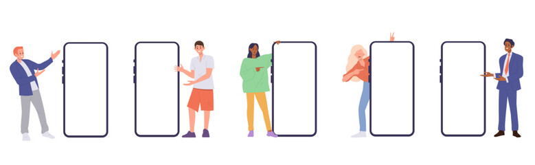 Isolated set of happy tiny people character pointing to huge empty blank mobile phone screen