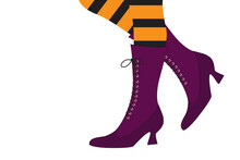 Pair Of Witch Legs Wears Violet Boots, Black Tights With Orange Striped, Graphic Element Design On White Background For Halloween.