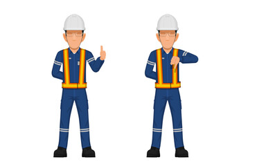 Wall Mural - Threes industrial worker are raising hand sign thumbs up and thumbs down