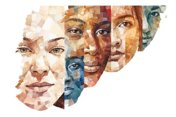 Human face collage pieces of different portrait of men and women of diverse multiracial age and race