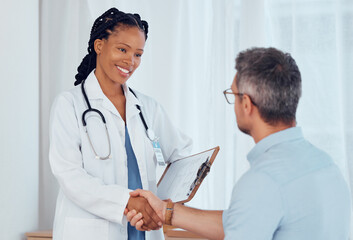 Poster - Doctor, patient and people shaking hands, smile and hospital checkup with healthy diagnosis, healthcare results or support. Clinic nurse, trust and surgeon welcome, thank you or hand shake for client