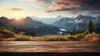 Beautiful panoramic sunset landscape, view of mountains, lake and flowers with rough wooden podium for you product design
