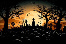 Halloween Night Mystery Graveyard With Large Orange Moon Of Sun In The Sky, Neural Network Generated Image