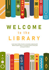 Different books with description Welcome to the library. Vertical poster for library with different books. Advertising template for library.