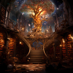 Wall Mural - Tree of knowledge, Tree of Life, Ethereal Akashic records, spiraling staircase, transformation and mysticism, occult