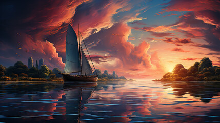 Wall Mural - Discover the serenity of a lone sailboat on the horizon. generative AI illustration. the sea.