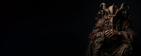 Portrait banner of the demonic being satan the devil on black background. Generative AI illustration