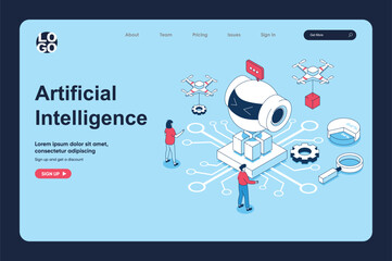 Fototapete - Artificial intelligence concept in 3d isometric design for landing page template. People working and programming ai robots, machine learning, creating circuit technology. Vector illustration for web