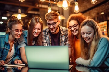 Happy group of software developers working an students as a team in office.