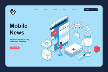 Aufkleber - Mobile news concept in 3d isometric design for landing page template. People receiving new correspondence notifications, reading breaking news or articles at online press. Vector illustration for web