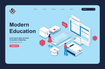 Fototapete - Modern education concept in 3d isometric design for landing page template. People reading e-books, learning at home online, watching webinars or video lectures at computer. Vector illustration for web
