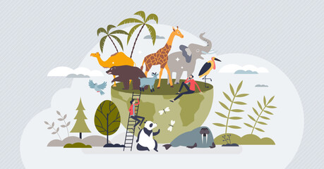 Wall Mural - Animals of the world with global biodiversity protection tiny person concept. Planet with exotic fauna and environmental wildlife vector illustration. Eco life exploration and mammal protection.