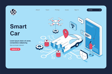Leinwandbilder - Smart car concept in 3d isometric design for landing page template. People using autonomous automobile service with online navigation map, managing car st smartphone app. Vector illustration for web