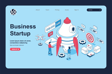 Aufkleber - Startup business concept in 3d isometric design for landing page template. People entrepreneurs working in team, creating new project, attracting investment and launching. Vector illustration for web