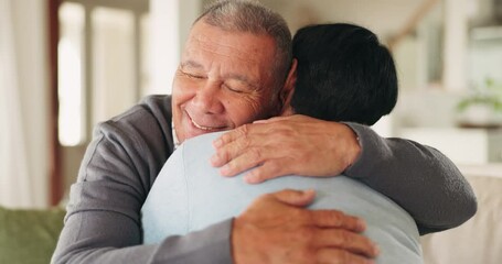 Wall Mural - Home, hug and senior couple with retirement, care and quality time with marriage, love and happiness. Romance, old woman and elderly man embrace, apartment and relationship with affection and happy