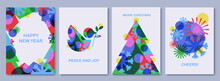 Merry Christmas And Happy New Year Greeting Cards, Posters, Holiday Covers. Holiday Greetings, Christmas Tree, Pigeon, Snowflakes. Abstract Colorful  Geometric Art.