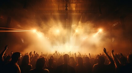 Generative AI, People crowd on music rock festival concert in stadium, big stage lit by spotlights..