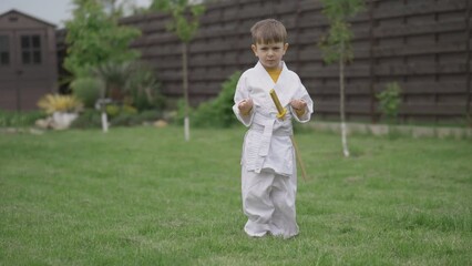 Wall Mural - Cute little boy in white suit practicing karate moves in the garden