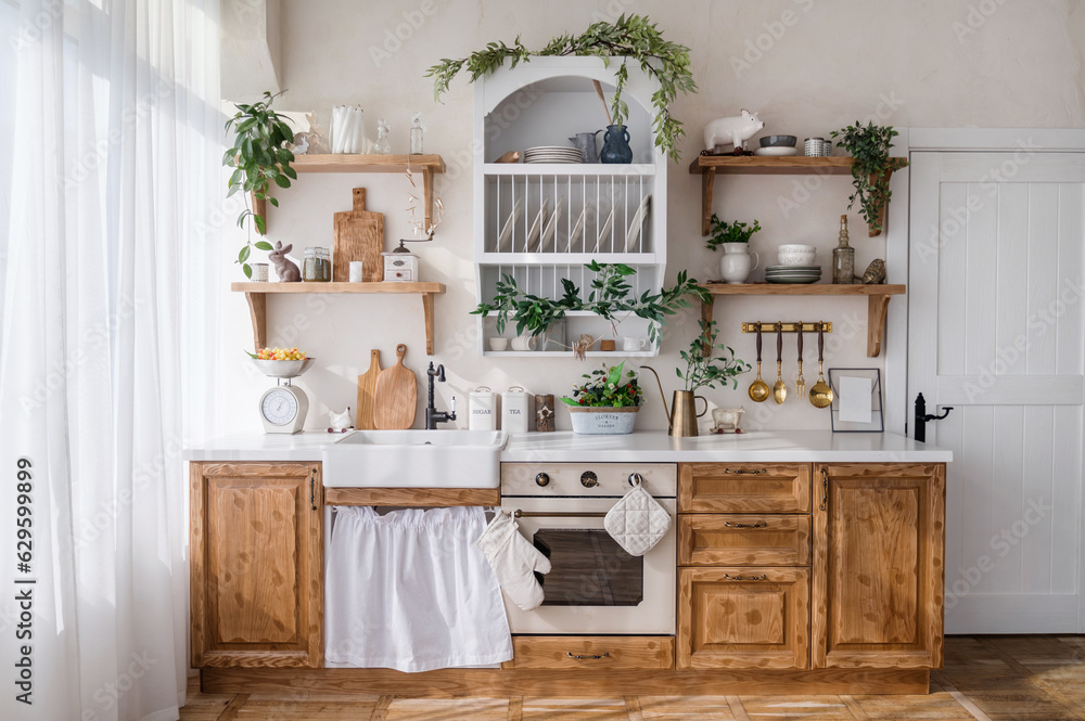 country house interior with kitchen in scandinavian style Stock Photo ...