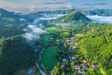 The Village In The Valley Along MeKong River Border Of ThaiLand-Laos, Nong Khai Province, Thailand.