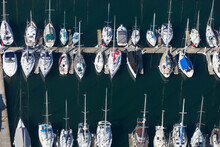 Aerial View Of Sailing Boats Docked Along The Harbour, Melbourne, Victoria, Australia.