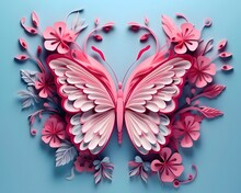 3D, Butterflies, Flat Background, Layered Forms, Paper Quilling, Masterpiece, Trending On Artstation And Dribbble, Pink Color Pallette,