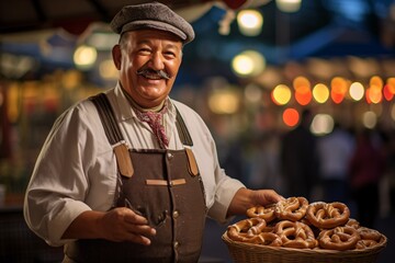 Oktoberfest vendor in traditional Bavarian attire