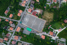 Aerial View Of A Small Football Field In A Small Town In Serino, Irpinia, Avellino, Campania, Italy.