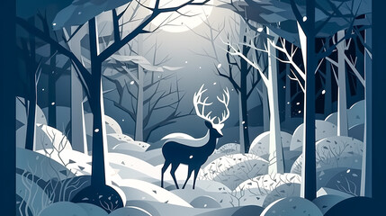 Wall Mural - Winter landscape with deer in the forest at night background, generative AI.