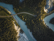 Aerial Drone View Of A Canyon Filled By A Glacier River Crossed By A Railroad, Rheinschlucht, Flims, Graubunden, Switzerland.