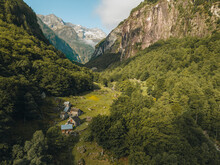 Aerial Drone View Of The Small Village Above The Foroglio Waterfall In Valmaggia, Maggia, Switzerland.