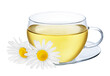 Glass cup of herbal tea with chamomile flower isolated on white or transparent background. Natural hot drink
