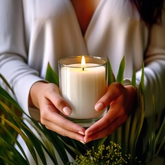 Young woman holding burning candle jar in her hands, container candle mockup closeup shot, mindfulness home interior with green plants