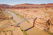 Aerial View Of A Bridge Over Colorado River, Utah State Route 95, Utah, United States.