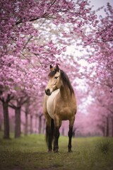 Wall Mural - Horse stands in a field of vibrant pink blossoming trees during springtime