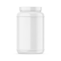 Supplement bottle mockup. White plastic protein container for bodybuilding sport, 3d render illustration