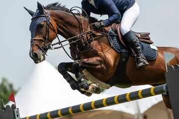 equestrian sports themed photograph horse jumping over an obstacle