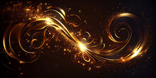Abstract Luxury Swirling Gold Background With Gold Particle. Christmas Golden Light Shine Particles Bokeh On Dark Background. Gold Foil Texture, Realistic, Ai Generated Image