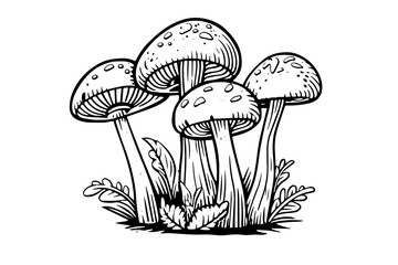 Wall Mural - Fly agaric or amanita mushrooms group growing in grass engraving style. Vector illustration.