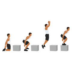 Man doing knee to box jump squat or power jump exercise. Flat vector illustration isolated on white background