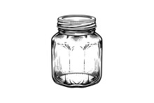 Empty Glass Jars Ink Sketch. Vector Vintage Black Engraving Illustration.
