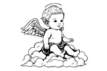 Hand Drawn Engraving Sketch Of Cute Little Angel Sits On A Cloud. Vector Illustration.