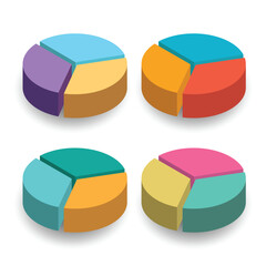 Set 4 3D colorful pie chart represents business financial economic divided into 3 parts with same portion and same height