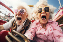 Generative AI Portrait Of Aged Old Caucasian Couple Man And Woman Show Expressions While Extreme Roller Coaster Ride Making Selfies