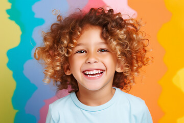 Generative AI closeup portrait of cute little small age curly hairstyle kindergarten boy happily smiling have fun childhood