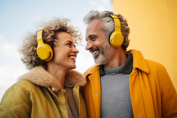 Generative AI portrait of elderly charming woman man couple overjoyed listening music using wireless headphones