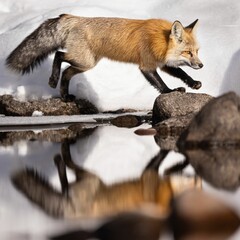 Sticker - Majestic red fox in the picturesque winter landscape next to the tranquil lake