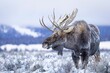 Majestic moose is resting in a tranquil wintery landscape, featuring a snow-covered field