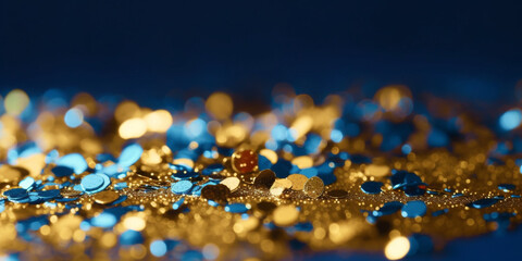 Shiny blue golden glitter in abstract defocused background, macro, generated ai